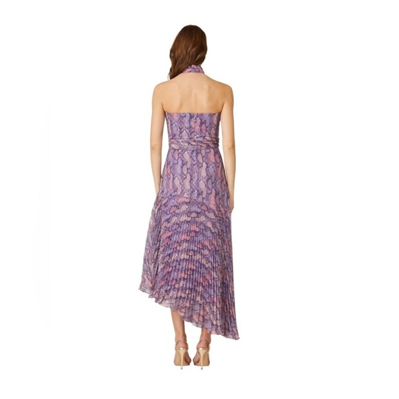 SHOSHANNA Roya Dress 10 Lavender Purple Snake Print Midi Pleated Chiffon Wedding - Picture 3 of 10